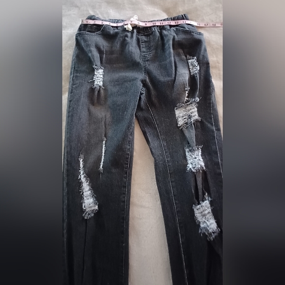 Faded Black Hi-Rise Distressed Destructed Elastic Waist Baggy Frayed Jeans Pants - Picture 8 of 15